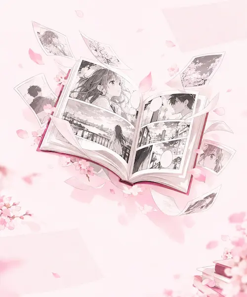 展开的漫画书与粉色书页插画